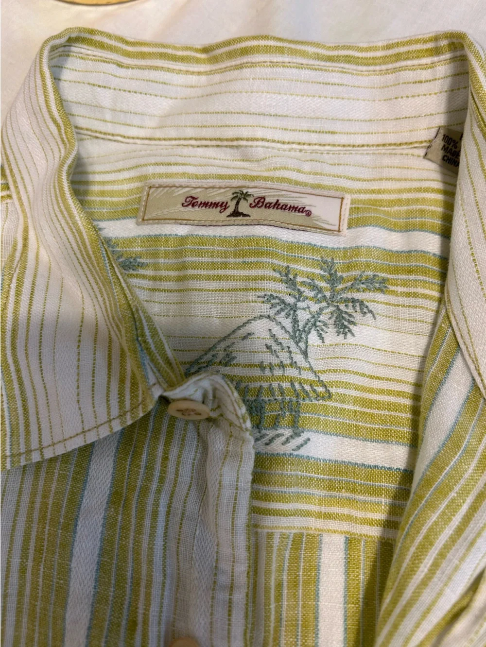 Tommy Bahama Light Green and White Striped Linen-Blend Button Down